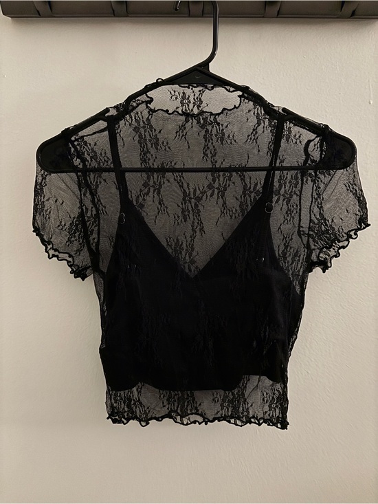 Cider Tops - Cider Black Lace Mesh Crop Top